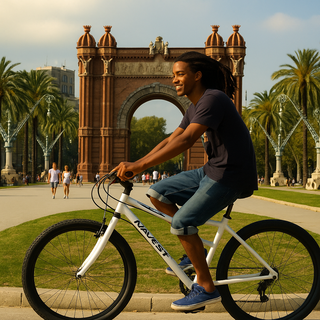 Happy guy riding a Happy Rental Bike near arc de triomf in a urban bike rental in Barcelona